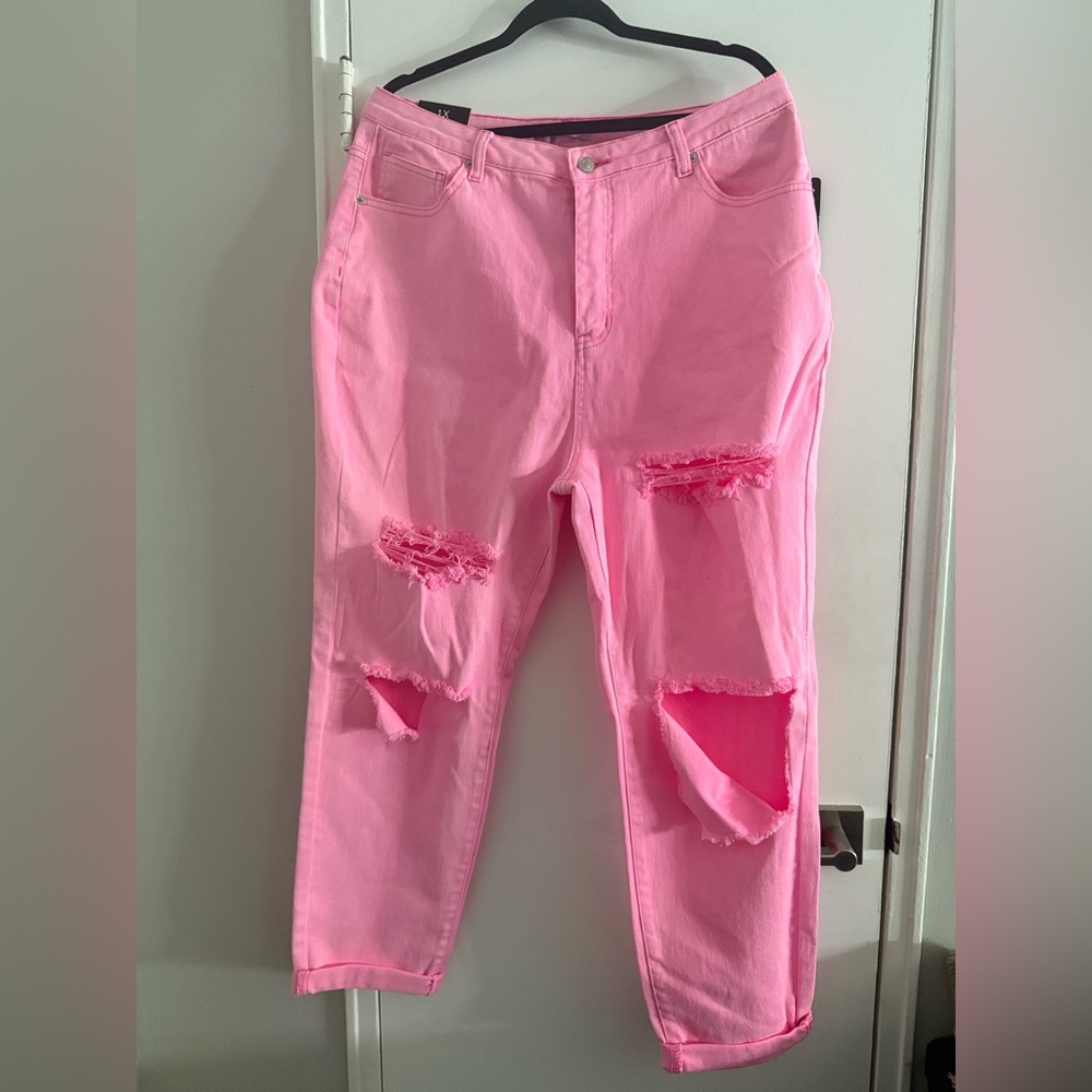 American Bazi Destroyed Mom Jeans Neon Pink 1X $55 Trendy Distressed NWT